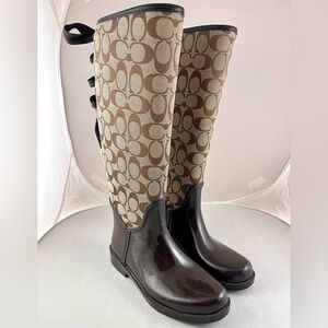 Coach Tristee Khaki/Brown Signature Tall Rain Boots Size 5 EUC